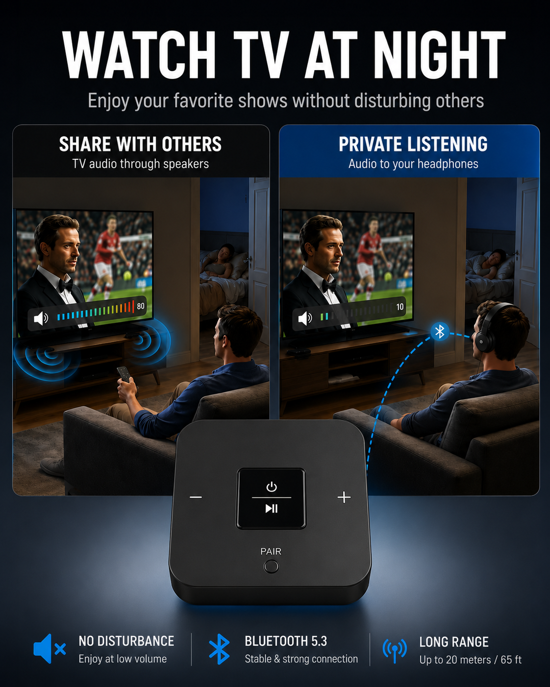 QuietCast Bluetooth TV Audio Adapter-Watch TV Without Disturbing Anyone