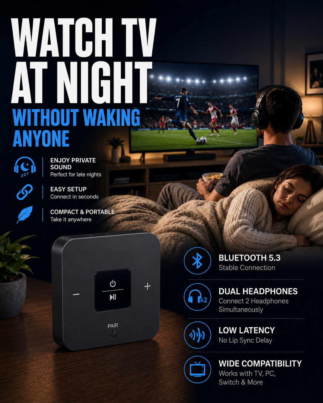 QuietCast Bluetooth TV Audio Adapter-Watch TV Without Disturbing Anyone