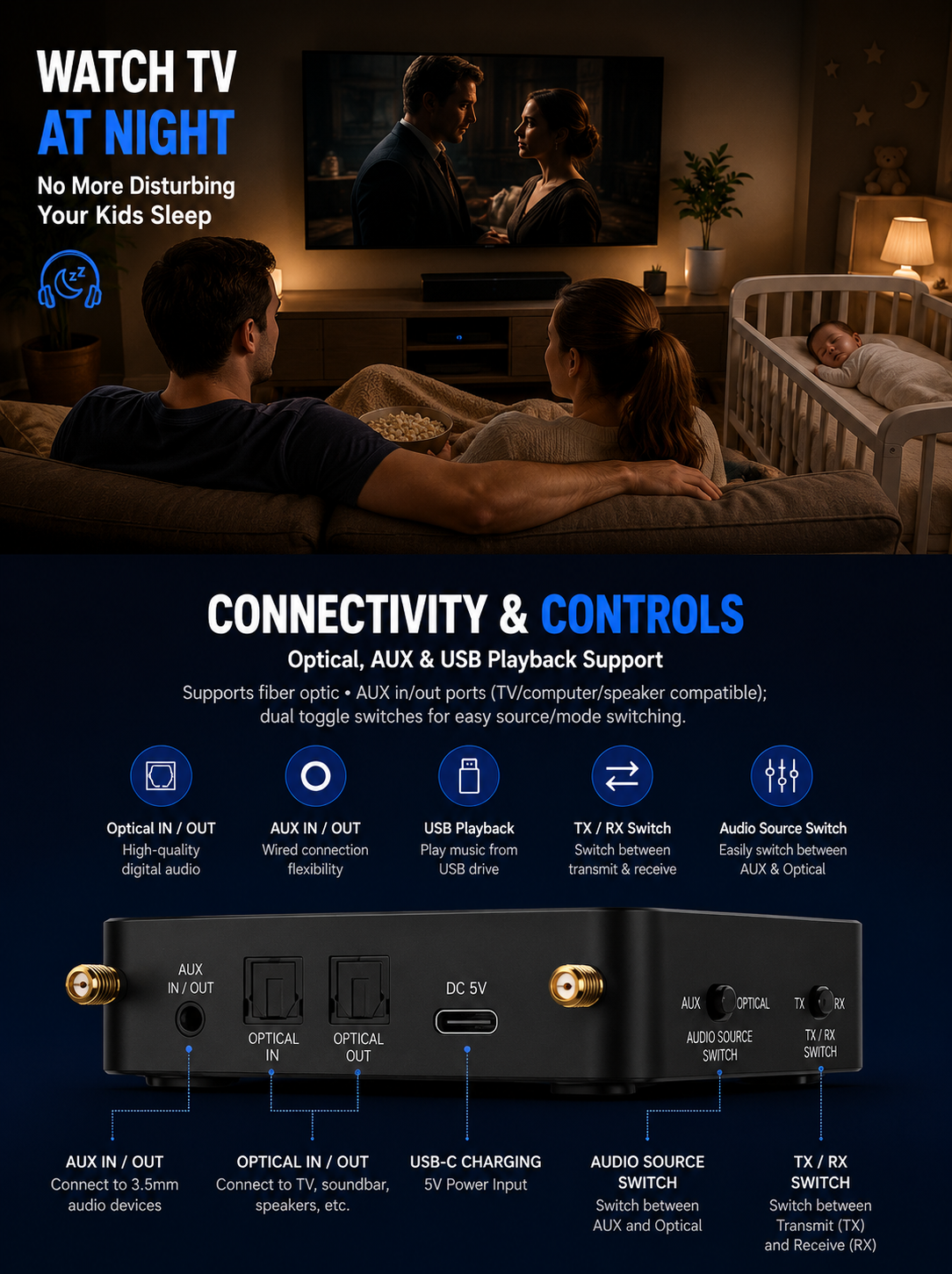 QuietCast Bluetooth TV Audio Adapter-Watch TV Without Disturbing Anyone